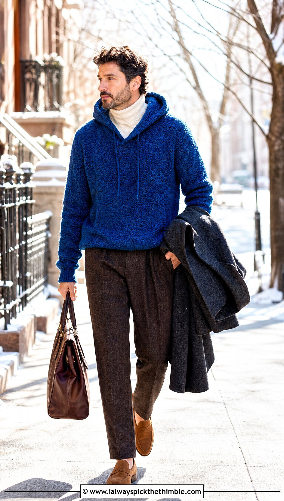Boucle Crochet Hoodie With Flannel Trousers - 25 crochet hoodie for men outfit ideas