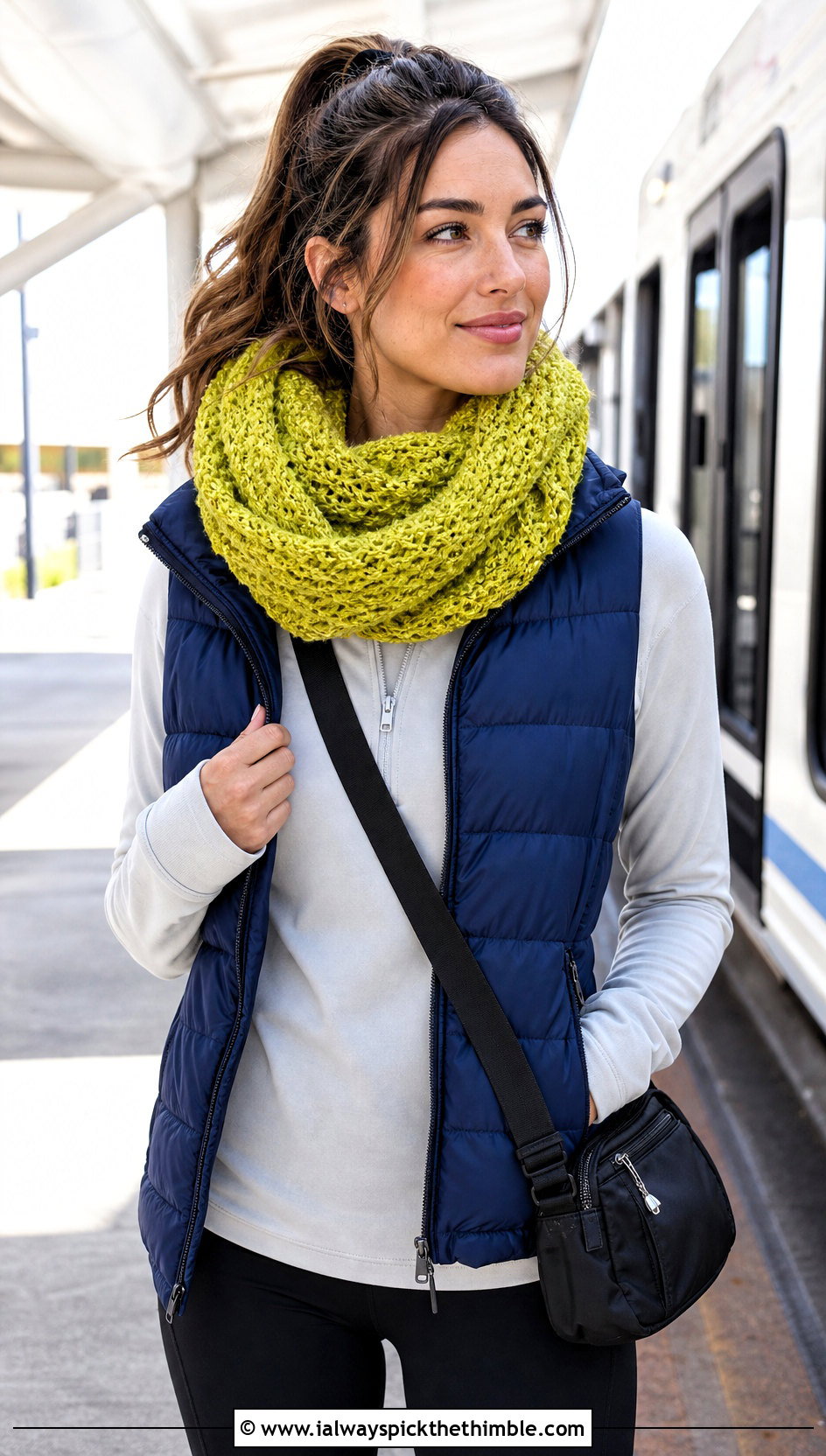 Boucle Crochet Infinity Scarf With Puffer Vest and Leggings - 25 fall crochet scarf outfit ideas