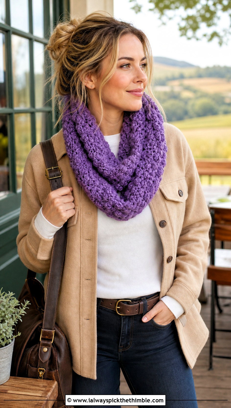 Boucle Crochet Infinity Scarf With Shacket - 20 crochet infinity scarves outfit ideas