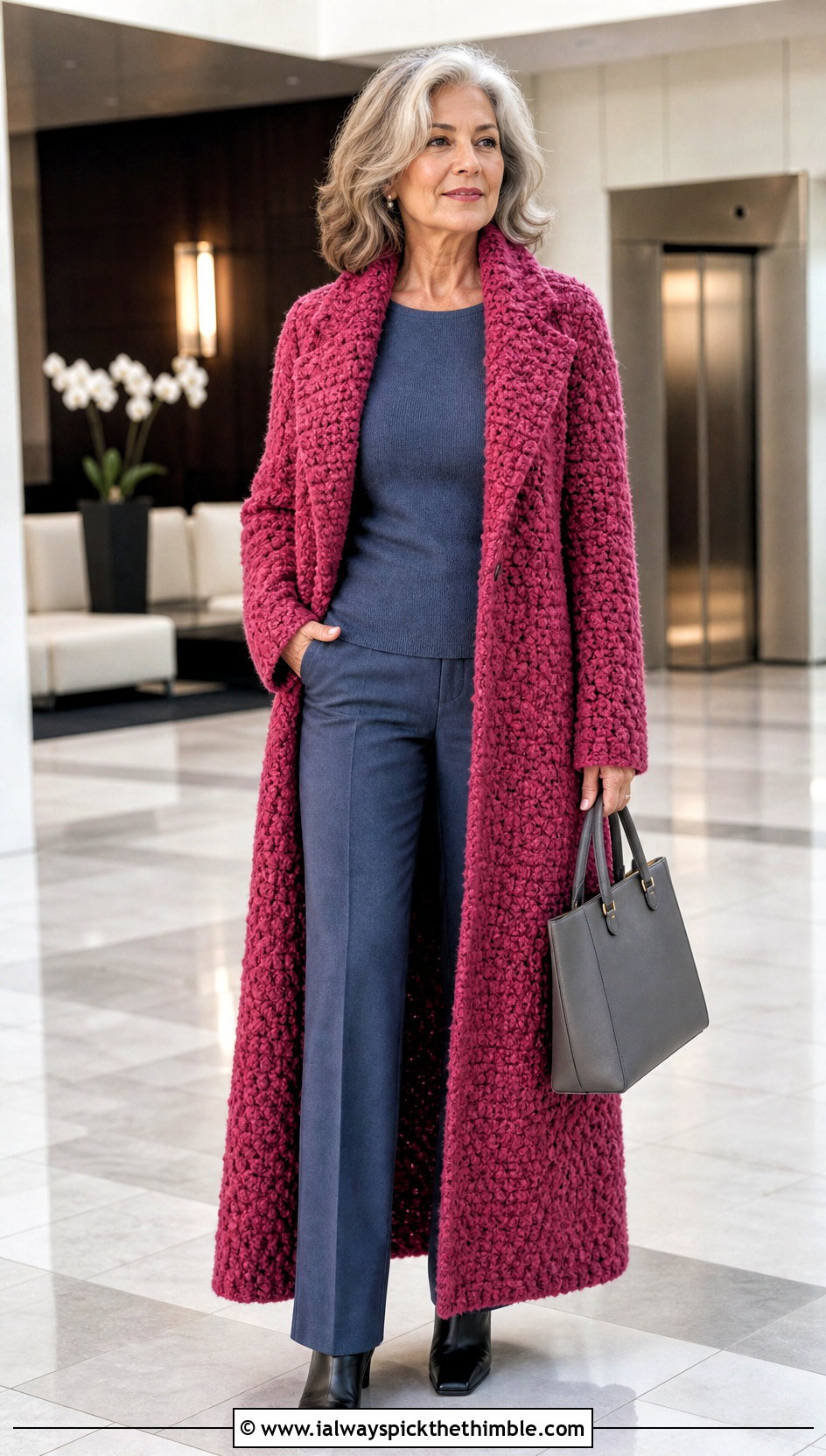 Boucle Crochet Maxi Coat With Monochrome Basics - 25 crochet long coat outfit ideas