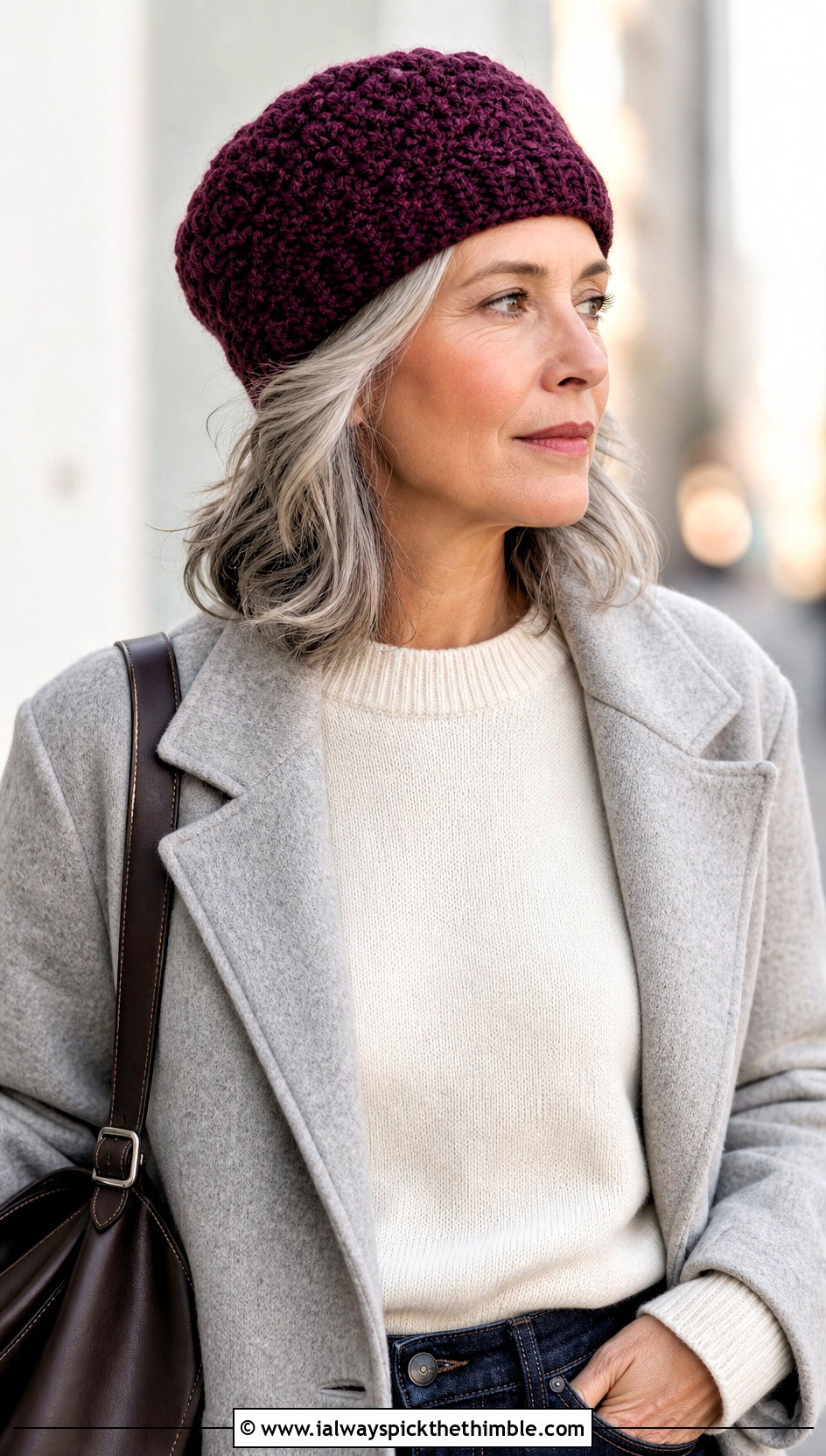 Boucle Crochet Pillbox Hat With Coat And Straight Jeans - 20 crochet pillbox hat outfit ideas