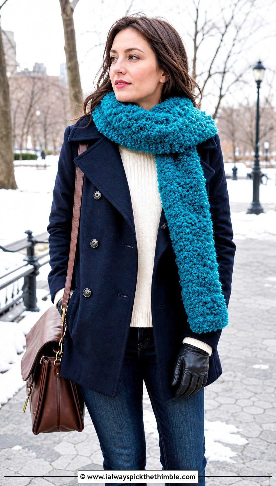 Boucle Crochet Scarf With Pea Coat And Jeans - 25 crochet scarf outfit ideas