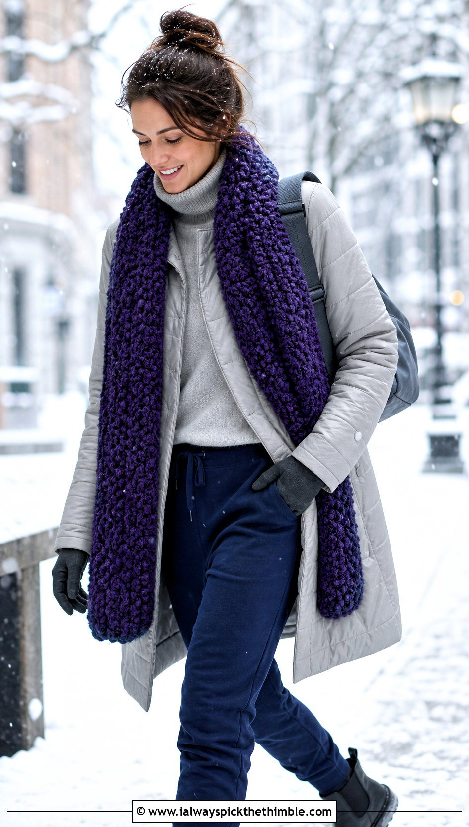 Boucle Crochet Scarf With Quilted Coat - 25 crochet scarves outfit ideas