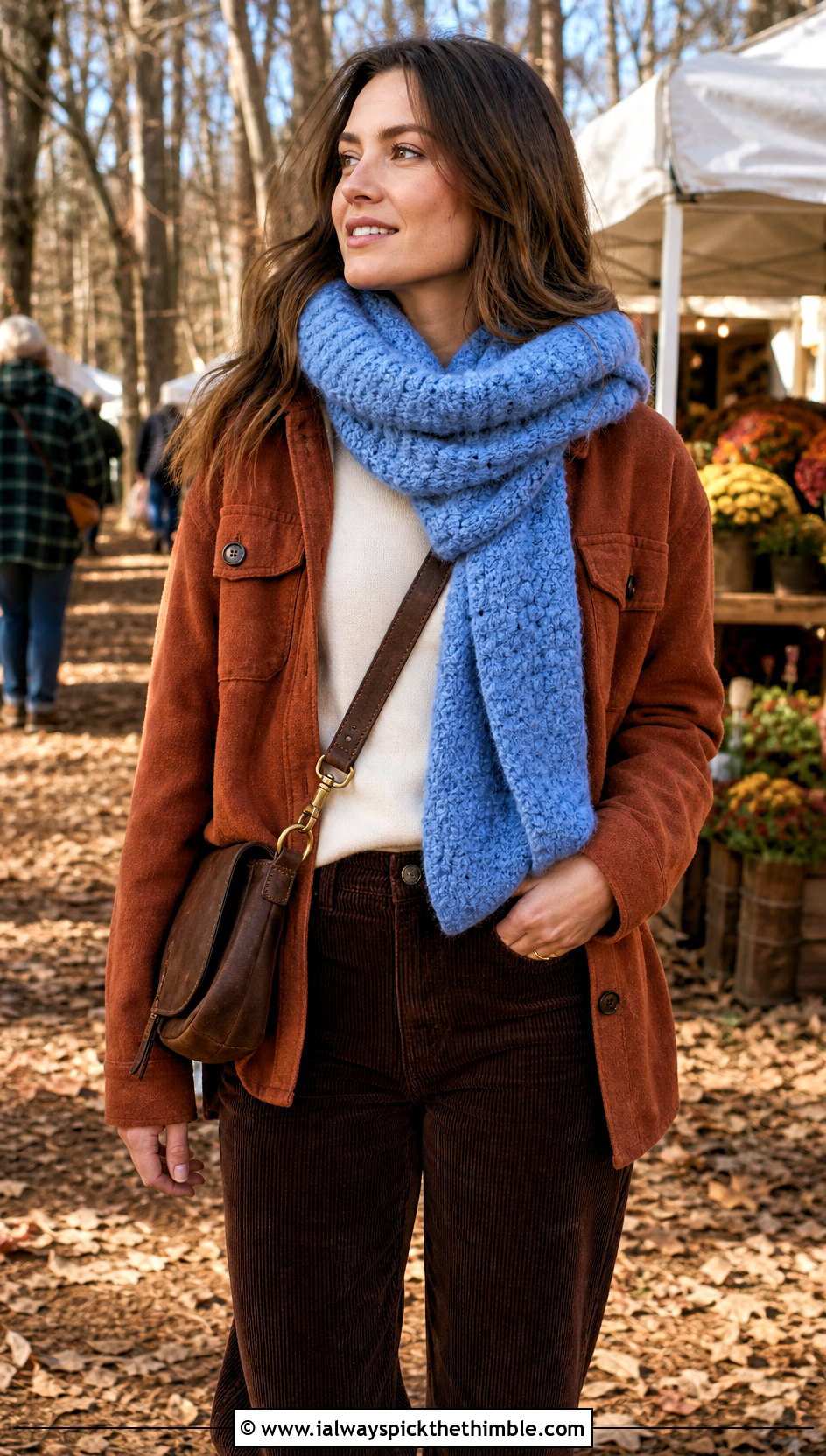 Boucle Crochet Scarf With Shacket And Corduroy Pants - 25 fun crochet scarf outfit ideas