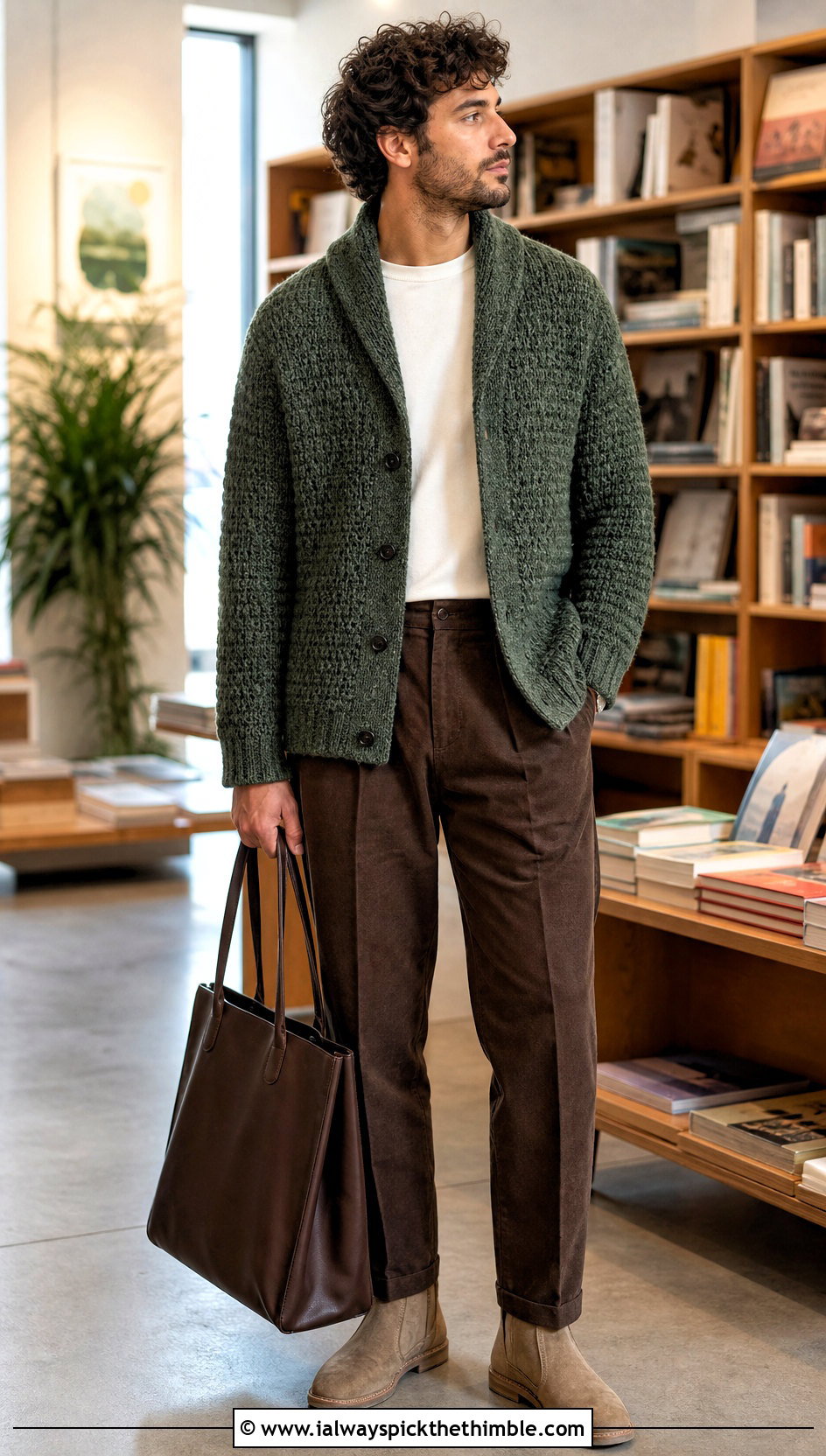 Boucle Crochet Shawl Collar Cardigan With Pleated Chinos - 20 Mens Crochet Shawl Collar Cardigan outfit ideas