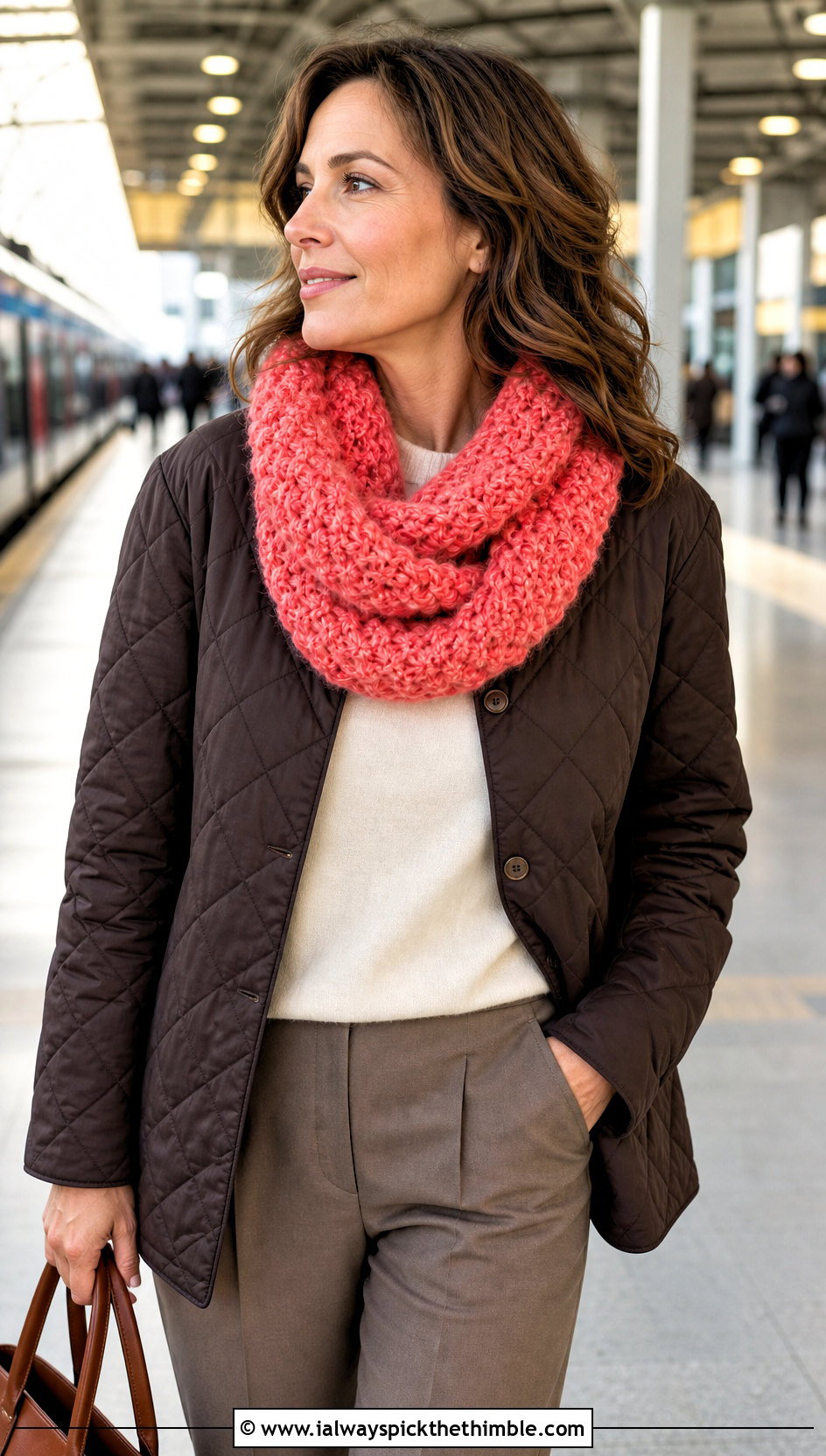 Boucle Crochet Snood Scarf With Quilted Jacket - 20 snood crochet scarf outfit ideas