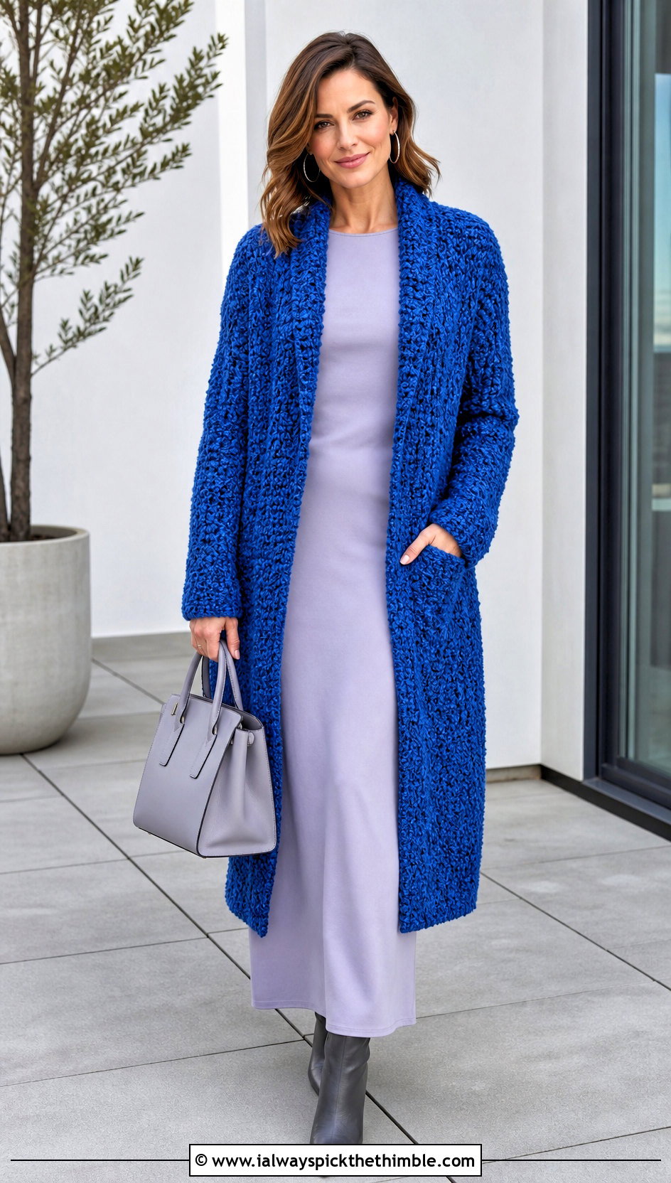Boucle Crochet Sweater Coat With A Maxi Dress - 20 Crochet Sweater Coat outfit ideas