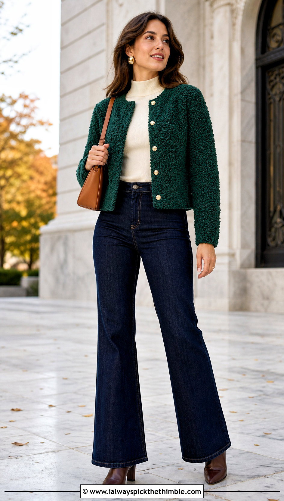 Boucle Crochet Sweater Jacket With Flared Jeans - 20 Crochet Sweater Jacket outfit ideas