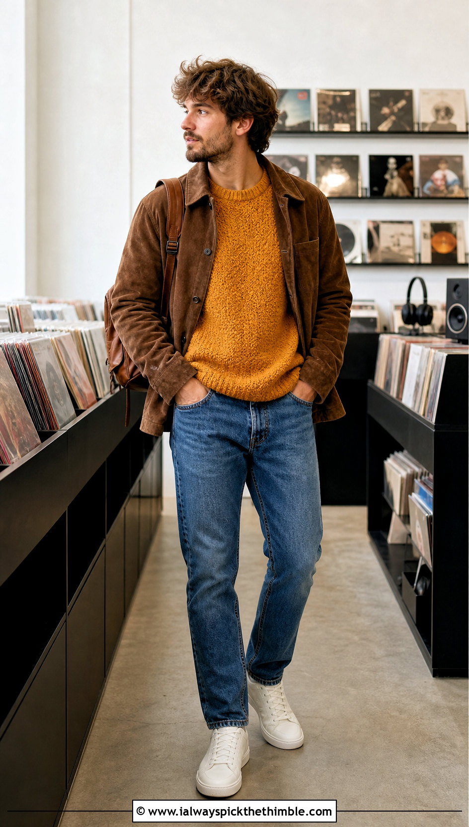Boucle Crochet Sweater With Suede Jacket And Jeans - 25 crochet man sweaters outfit ideas