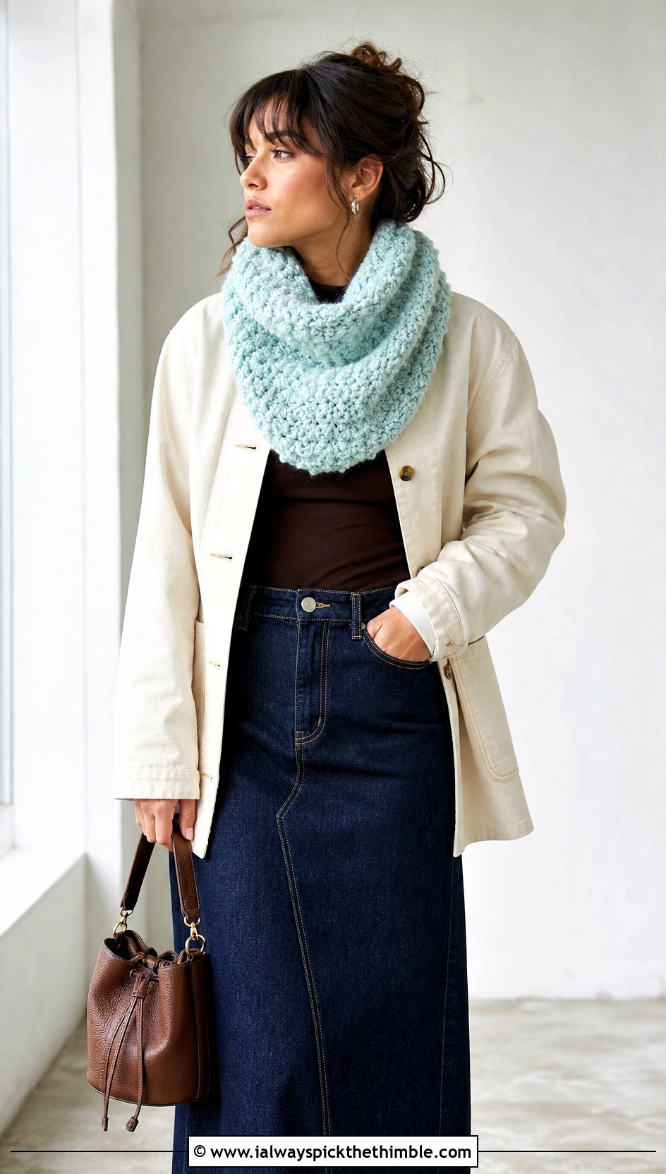 Boucle Crochet Turtleneck Cowl With Denim Maxi Skirt - 20 Crochet Turtleneck Cowl outfit ideas