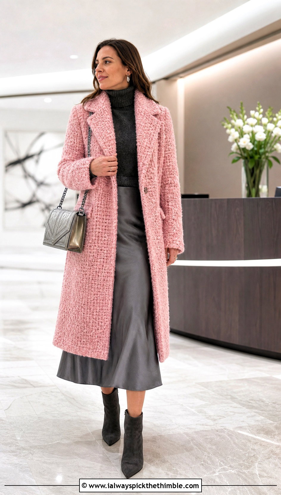 Boucle Crochet Winter Coat With Satin Slip Skirt - 20 Crochet Winter Coat outfit ideas