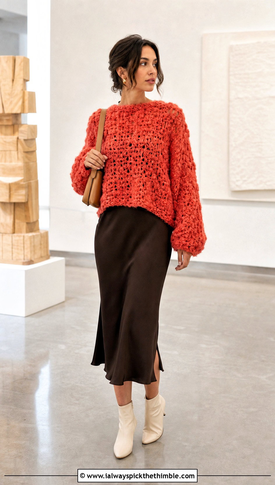 Boucle Fluffy Crochet Sweater With Slip Dress - 25 fluffy crochet sweater outfit ideas