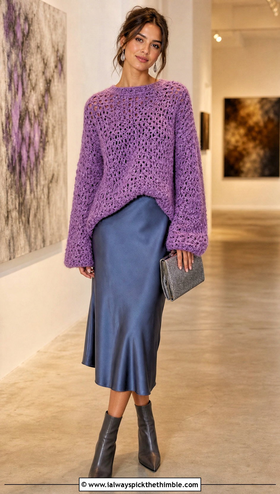Boucle Knit Look Crochet Sweater Over Slip Dress - 20 knit look crochet sweater outfit ideas