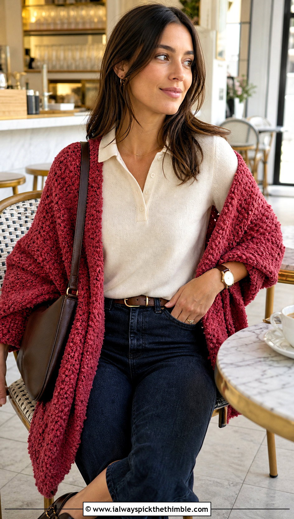 Boucle Rectangular Shawl With Knit Polo And Jeans - 20 crochet rectangular shawl outfit ideas