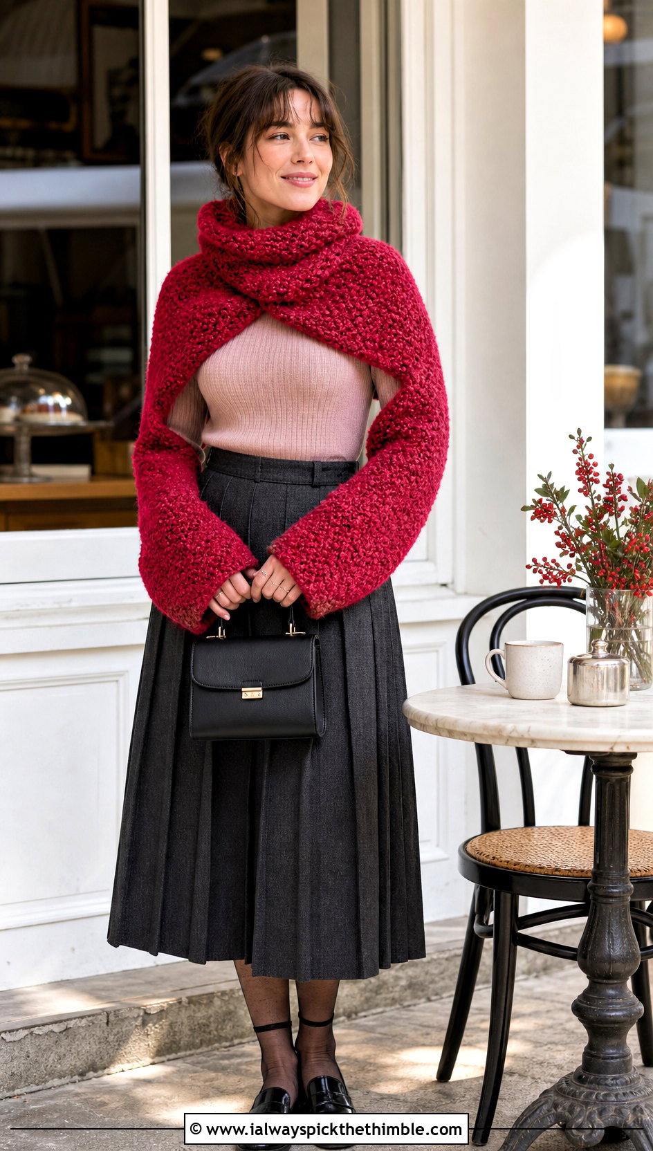 Boucle Sleeve Scarf With Pleated Midi Skirt - 20 crochet scarf with arms outfit ideas