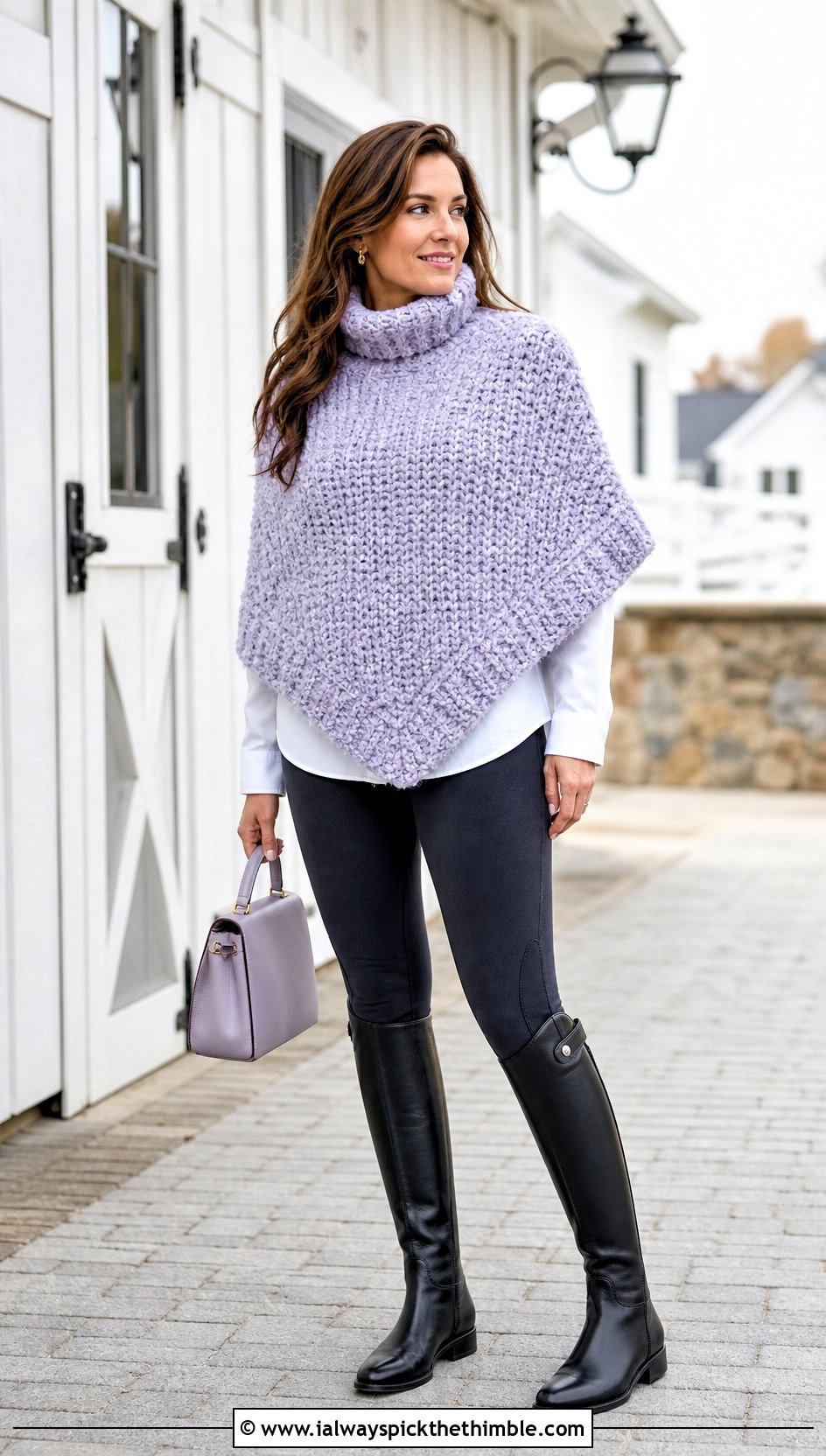 Boucle Turtle Neck Crochet Poncho With Equestrian Leggings - 20 Turtle Neck Crochet Poncho outfit ideas
