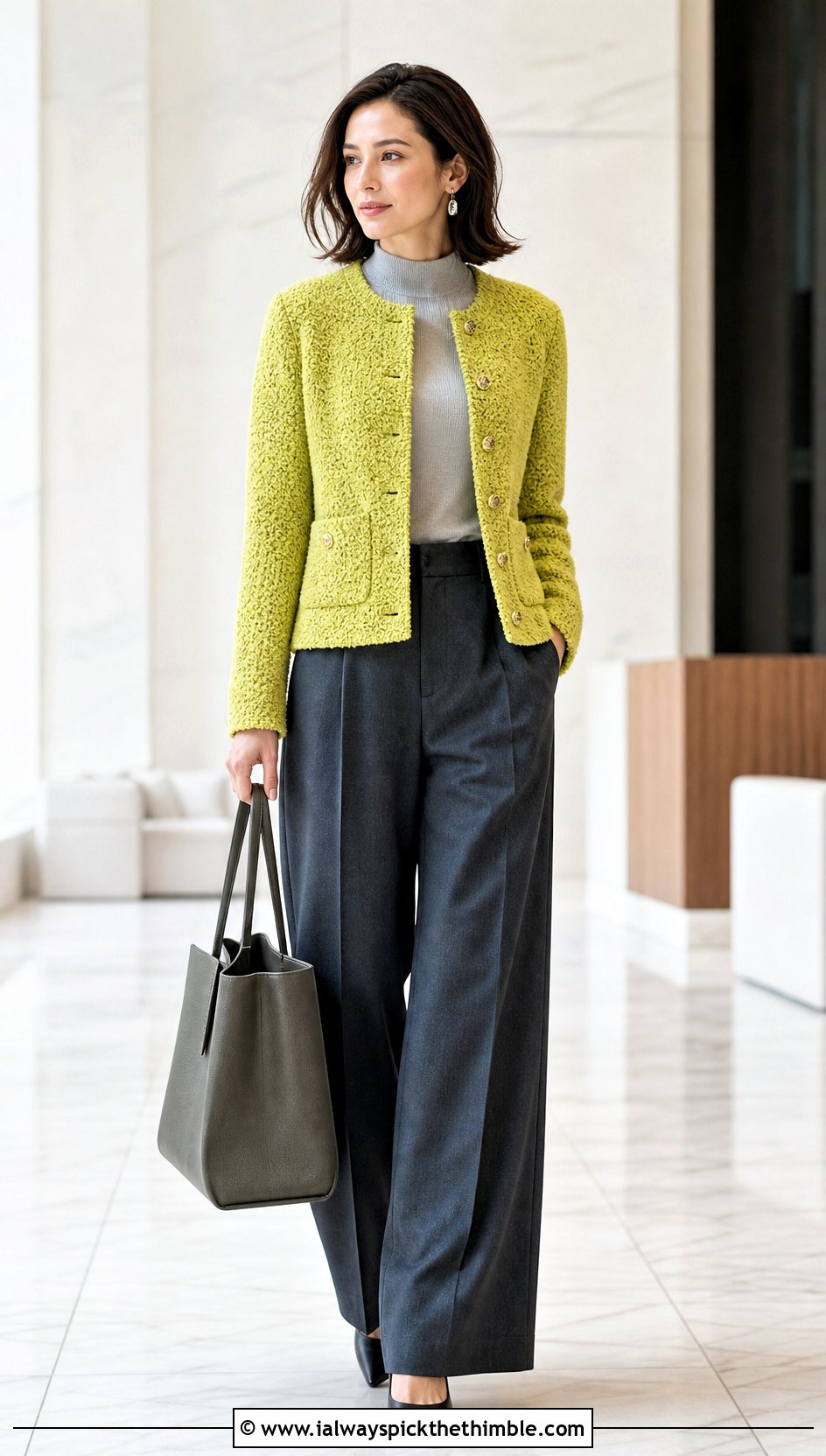 Boucle Yarn Crochet Chanel Jacket With Wide Leg Trousers - 20 crochet chanel jacket outfit ideas