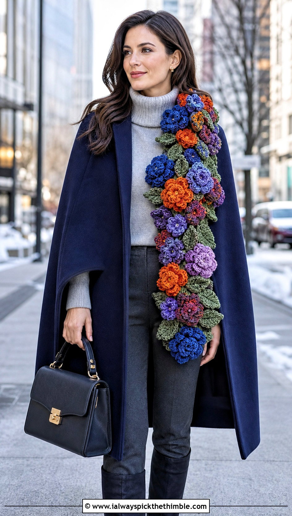 Bouquet End Crochet Flower Scarf With Cape Coat And Tall Boots - 25 crochet flower scarf outfit ideas