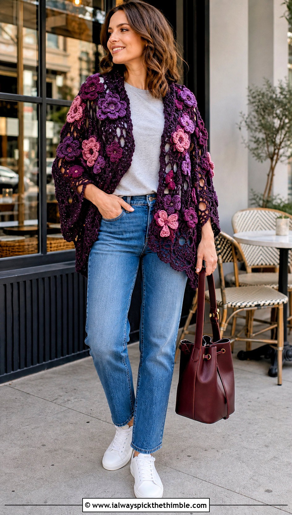 Bouquet Flower Crochet Poncho With Straight Leg Jeans - 20 Crochet Flower Poncho outfit ideas