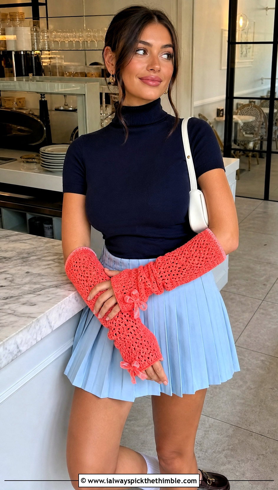 Bow Crochet Arm Warmers With Pleated Skirt - 25 easy crochet fingerless gloves outfit ideas