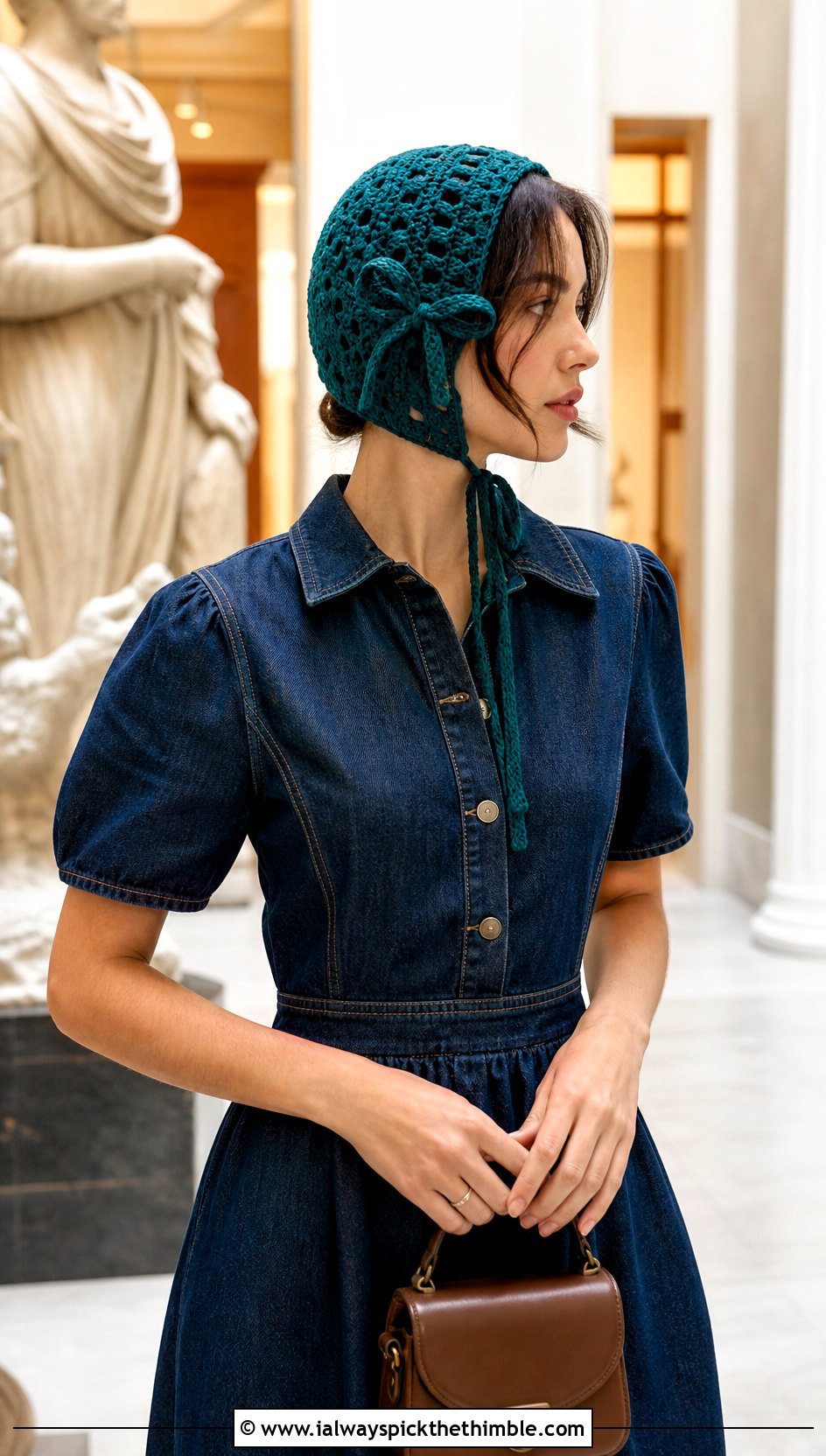 Bow Crochet Bonnet With Denim Dress - 20 Kawaii Crochet Hat outfit ideas