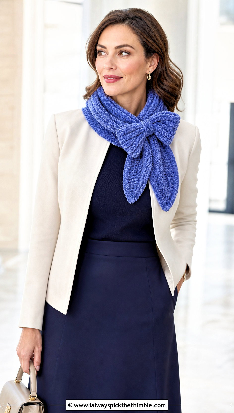 Bow Crochet Chenille Scarf With Collarless Jacket - 20 crochet chenille scarf outfit ideas
