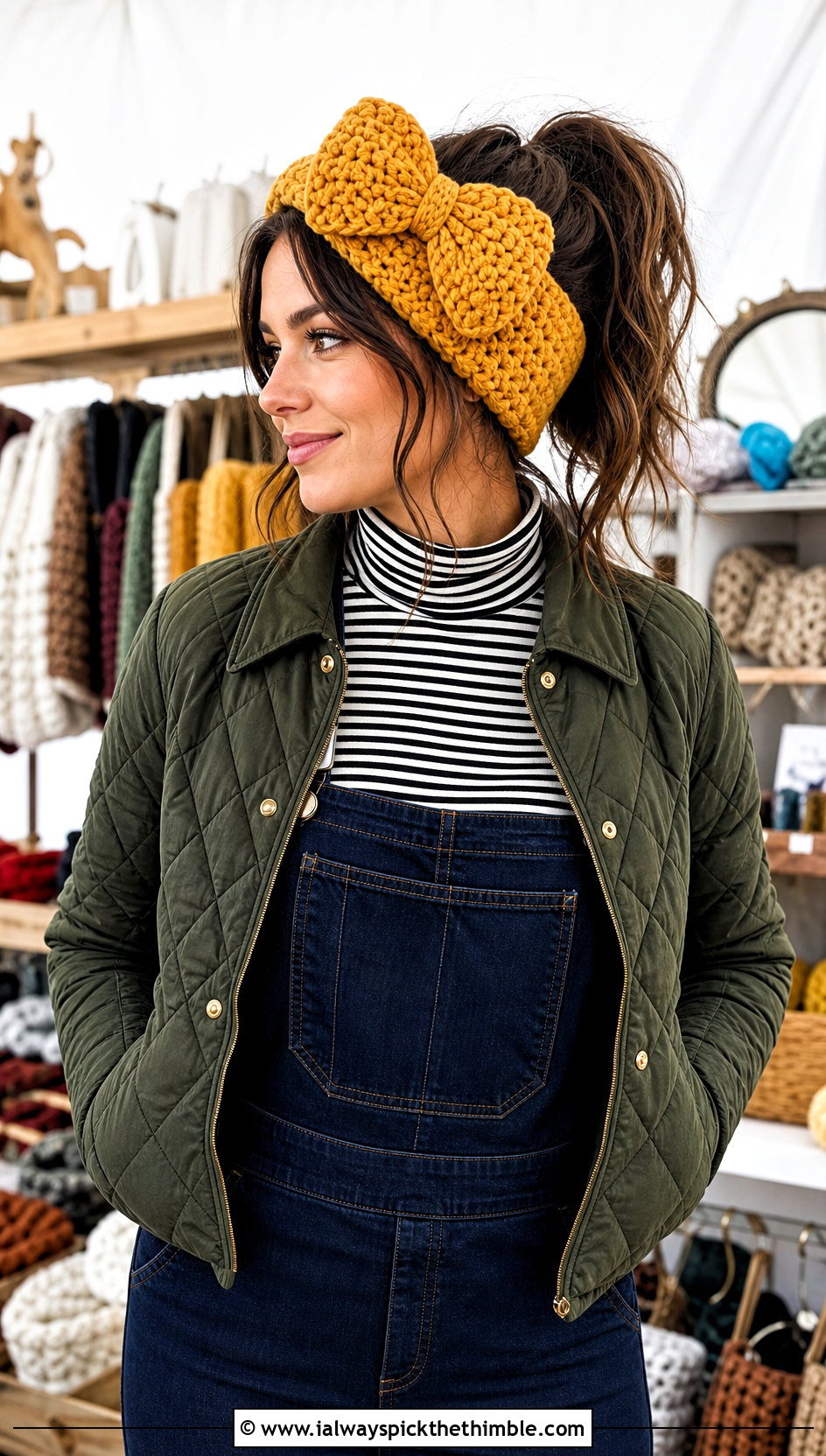 Bow Crochet Ear Warmer With Overalls - 25 crochet ear warmer outfit ideas