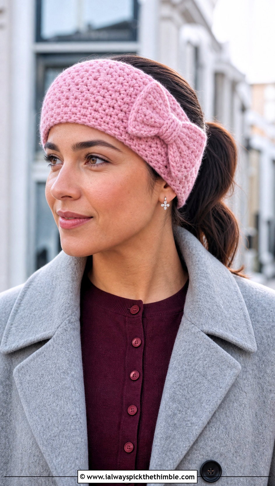 Bow Crochet Ear Warmer With Pleated Midi Skirt - 25 crochet ear warmers outfit ideas