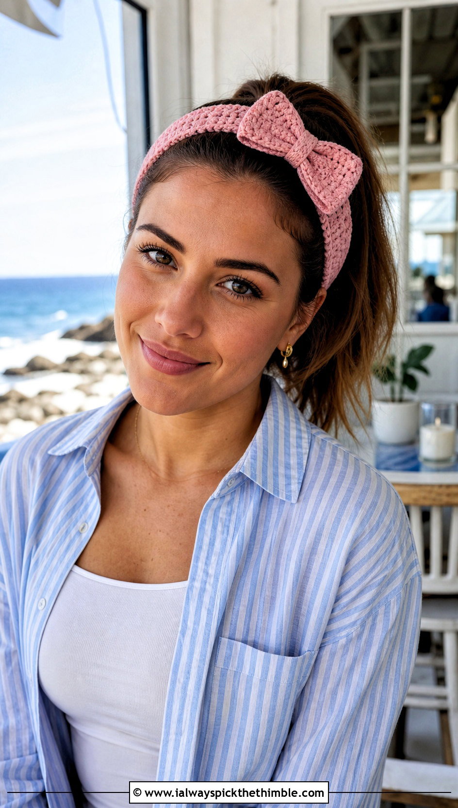 Bow Crochet Headband With Button Down Shirt And Shorts - 20 crochet hair headband outfit ideas