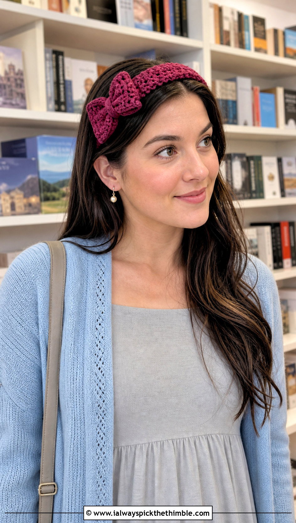 Bow Crochet Headband With Cardigan And Maxi Dress - 20 quick crochet headband outfit ideas