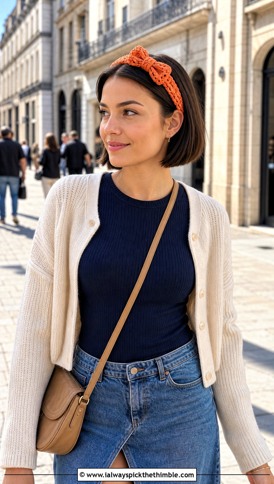 Bow Crochet Headband With Denim Midi Skirt - 20 crochet headband for short hair outfit ideas
