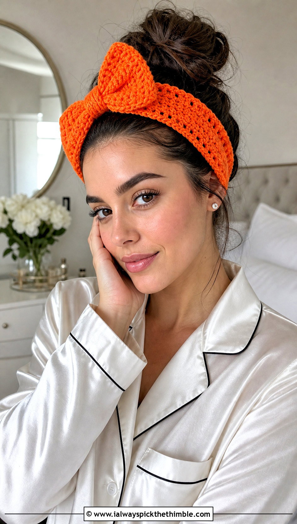 Bow Crochet Makeup Headband With Satin Pajama Set - 20 Crochet Makeup Headband outfit ideas