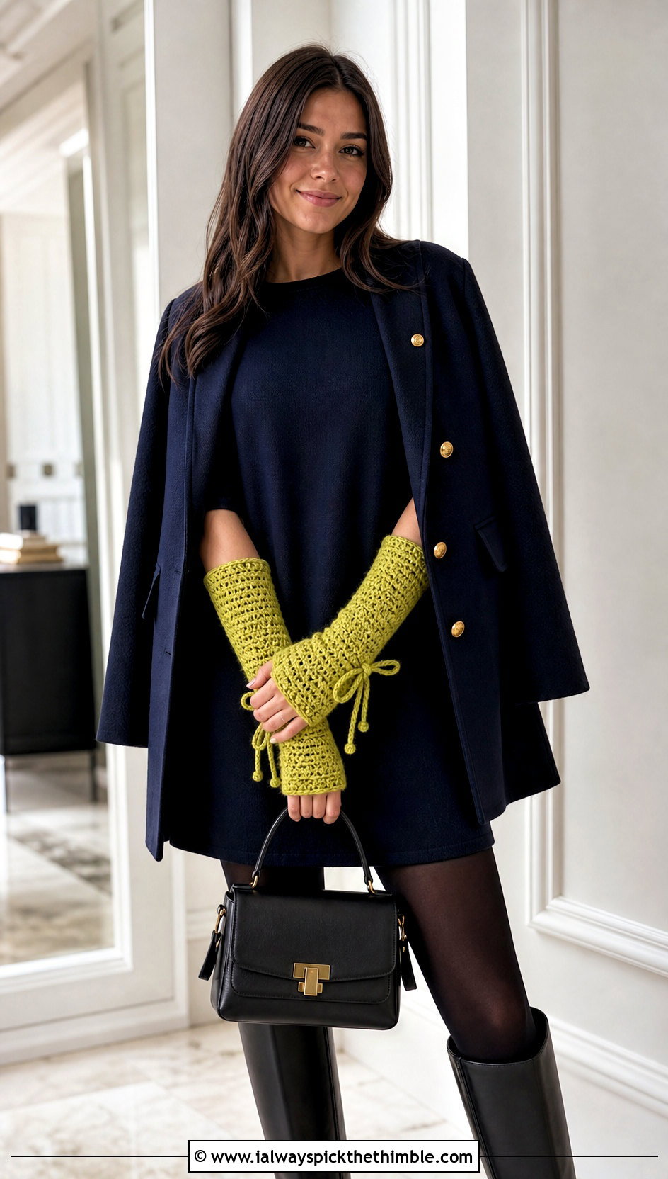 Bow Cuff Crochet Arm Warmers With Mini Dress - 25 crochet hand gloves outfit ideas
