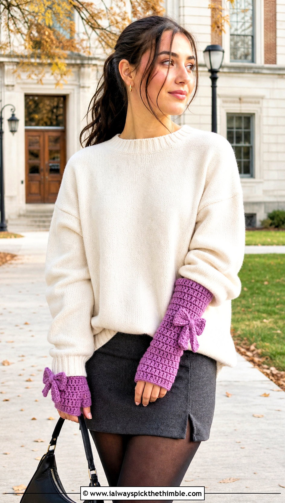 Bow Cuff Crochet Hand Warmers With Mini Skirt - 25 crochet hand warmers outfit ideas