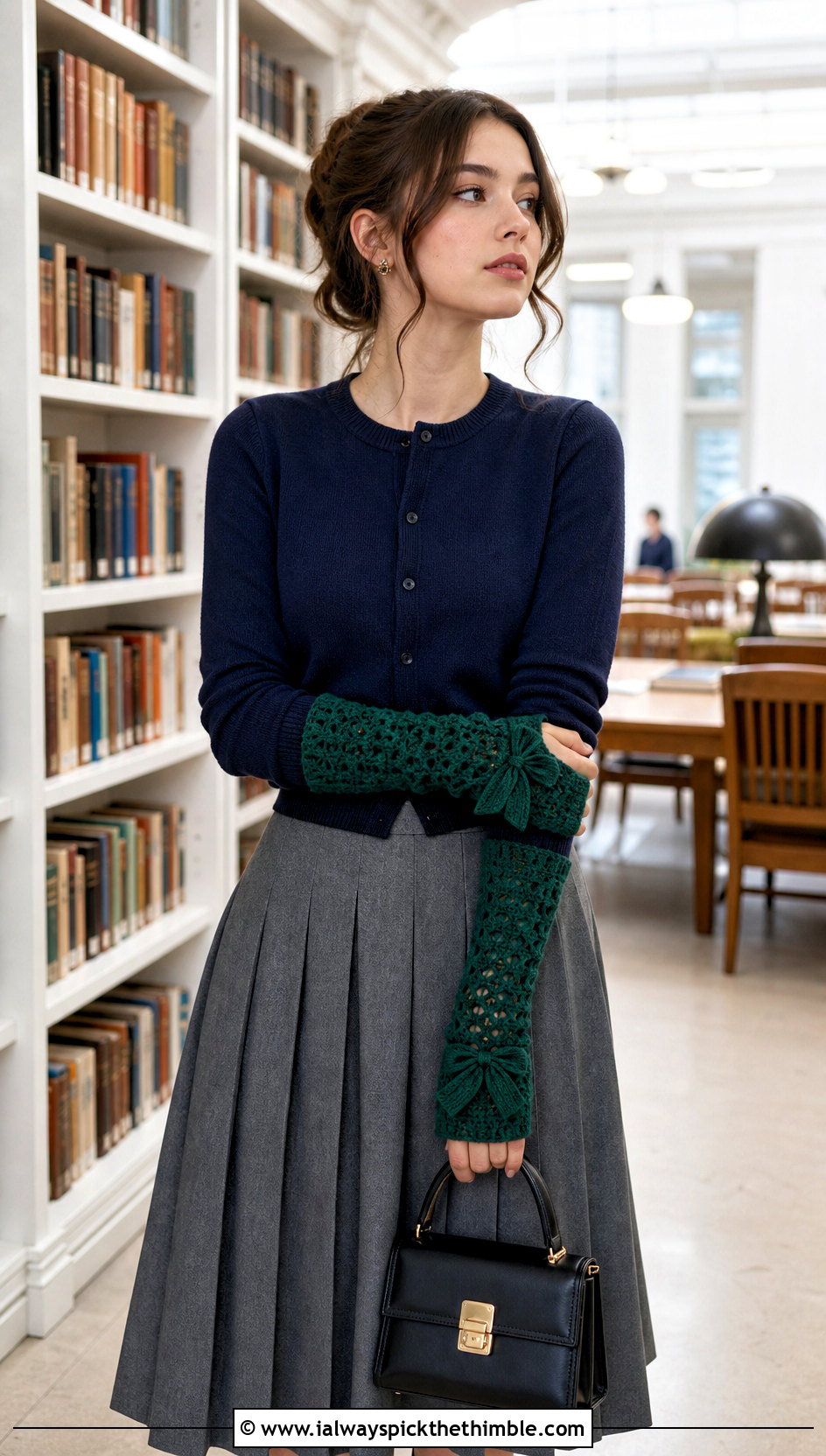 Bow Detail Crochet Arm Warmers With Cardigan And Pleated Skirt - 25 crochet arm warmers outfit ideas