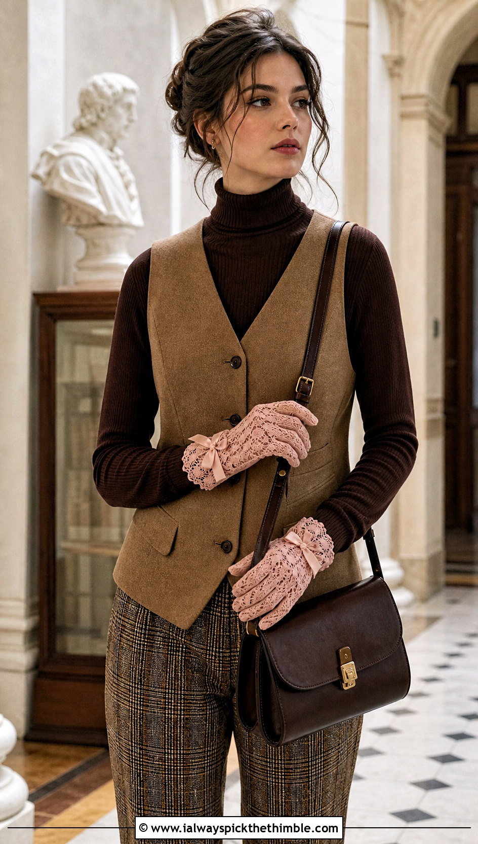 Bow Detail Crochet Lace Gloves With Plaid Trousers - 20 lace crochet gloves outfit ideas