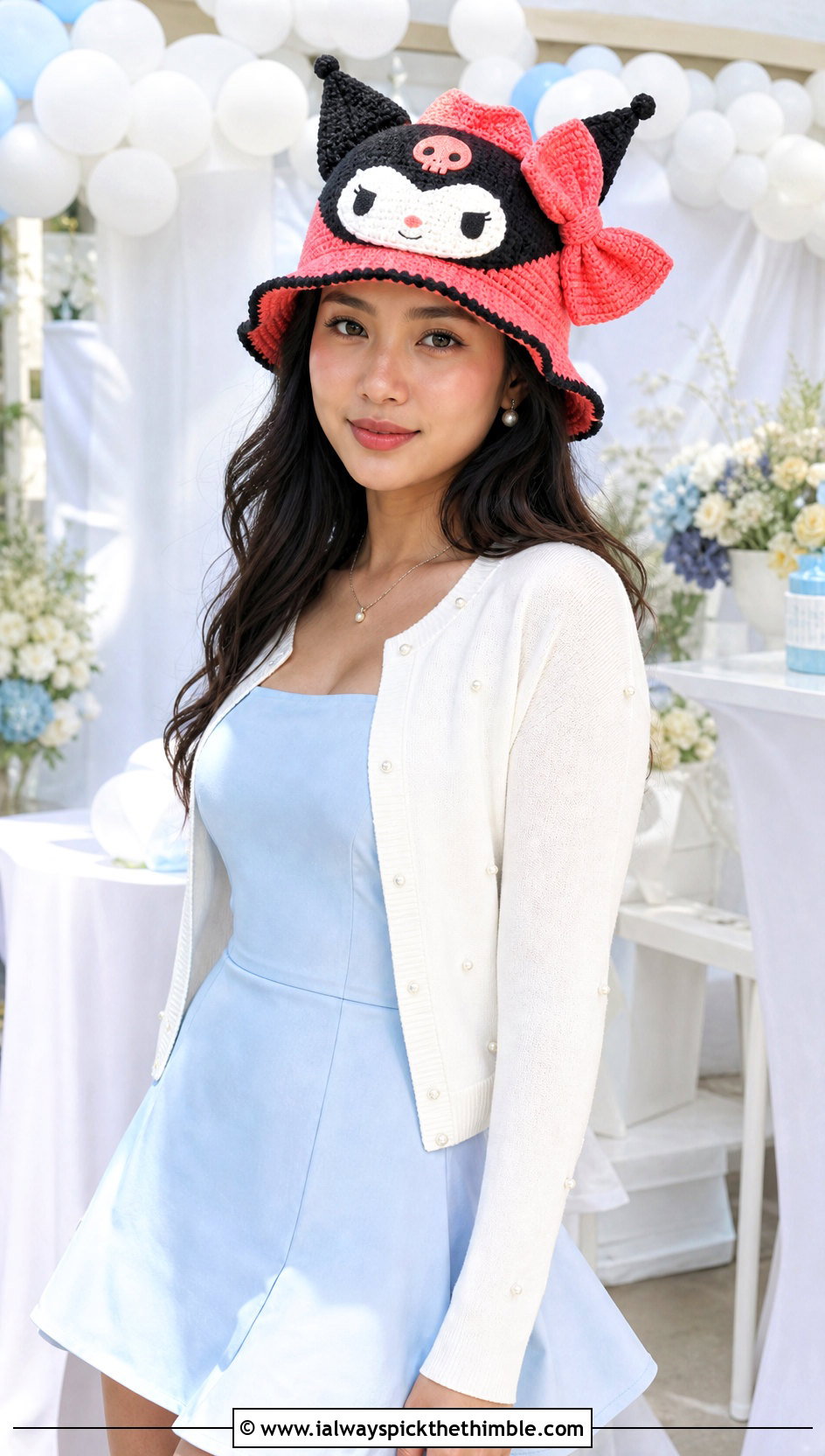 Bow Detail Kuromi Crochet Bucket Hat With Mini Dress - 15 Kuromi Crochet Bucket Hat outfit ideas