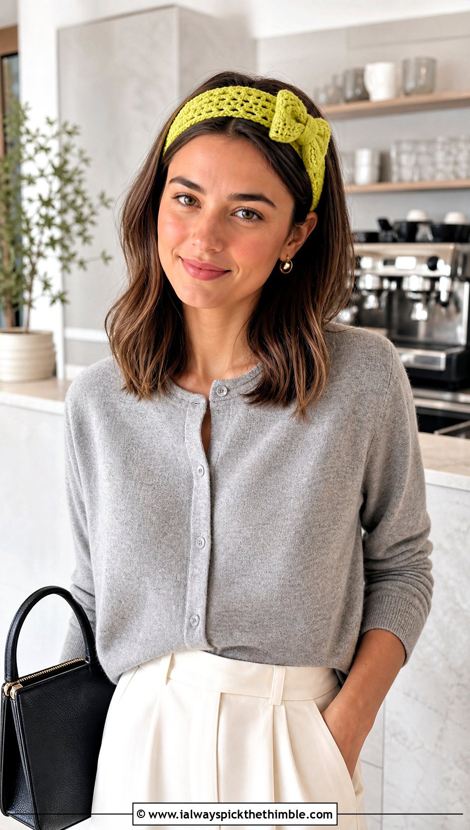 Bow Elastic Crochet Headband With Cardigan And Pleated Trousers - 20 Crochet Headbands With Elastic outfit ideas