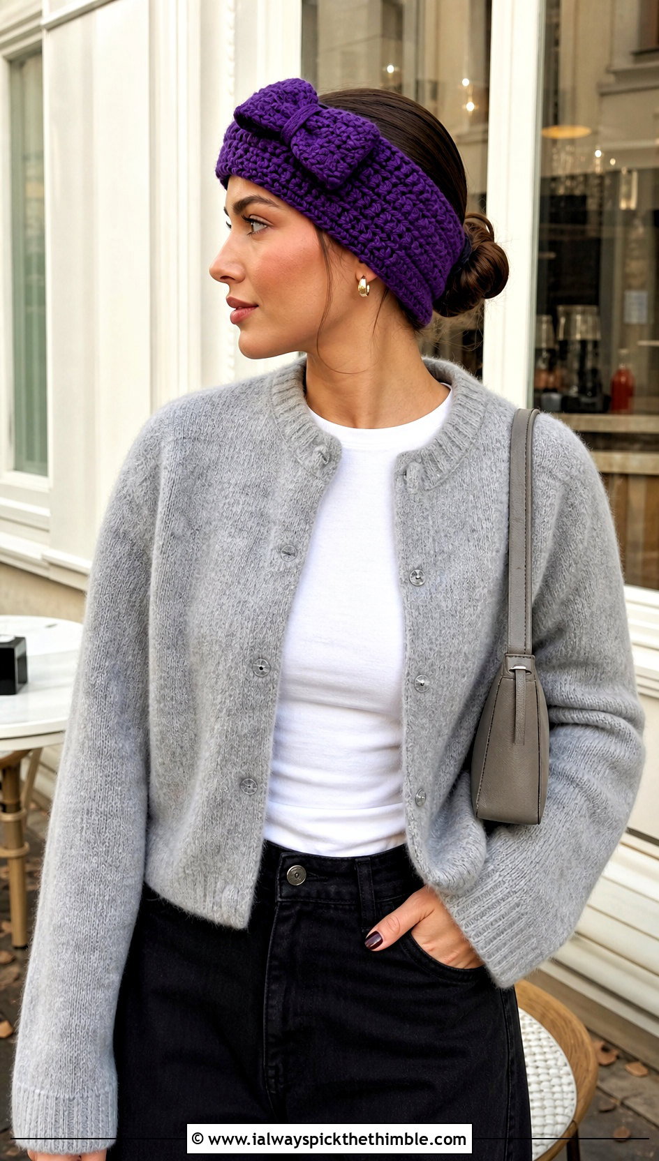 Bow Front Bulky Crochet Ear Warmer With Cropped Cardigan - 20 Bulky Crochet Ear Warmer outfit ideas