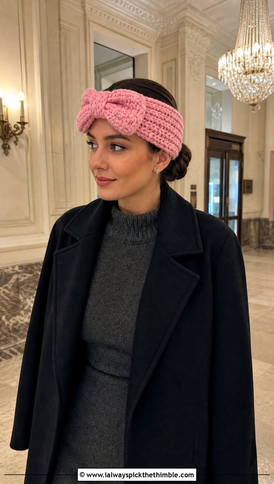 Bow Front Bulky Yarn Crochet Ear Warmer With Sweater Dress - 20 Bulky Yarn Crochet Ear Warmer outfit ideas