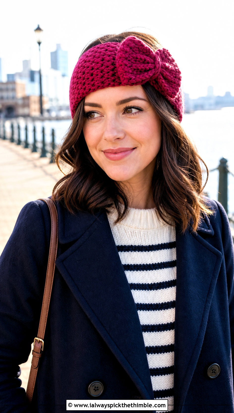 Bow Front Crochet Chunky Ear Warmer With Peacoat - 20 Crochet Chunky Ear Warmer outfit ideas