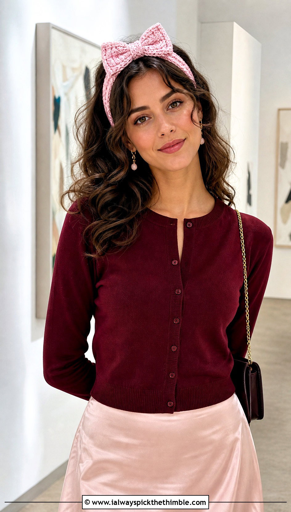 Bow Front Crochet Ear Headband With Cardigan And Midi Skirt - 20 crochet ear headband outfit ideas