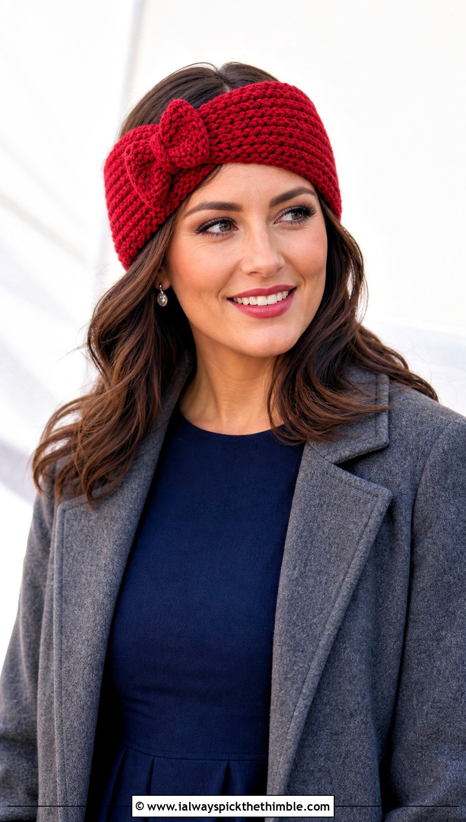 Bow Front Crochet Ear Warmer With Midi Dress - 20 Beginner Crochet Ear Warmer outfit ideas