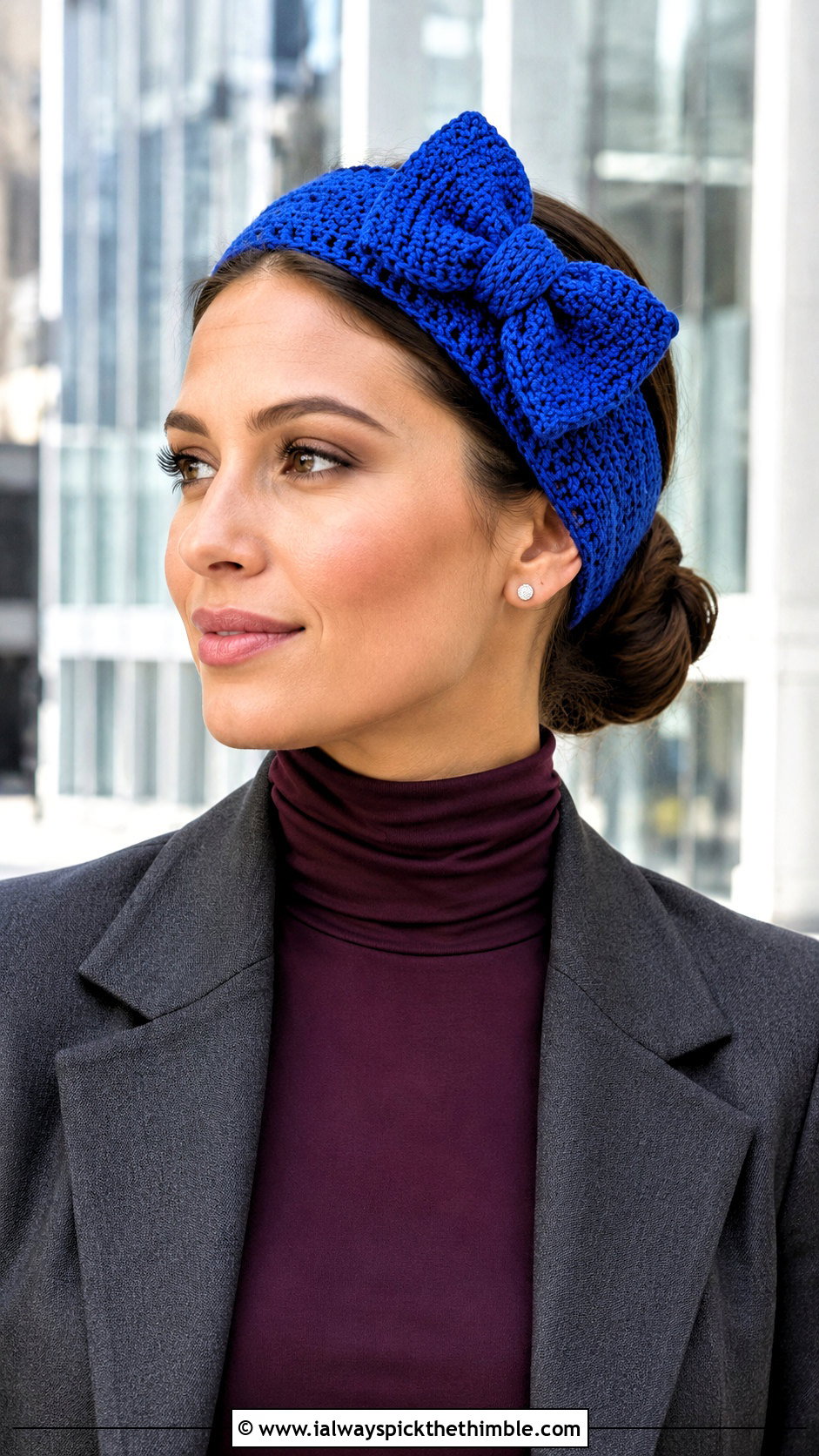 Bow Front Crochet Headband With Wide Leg Trousers - 25 crochet winter headband outfit ideas