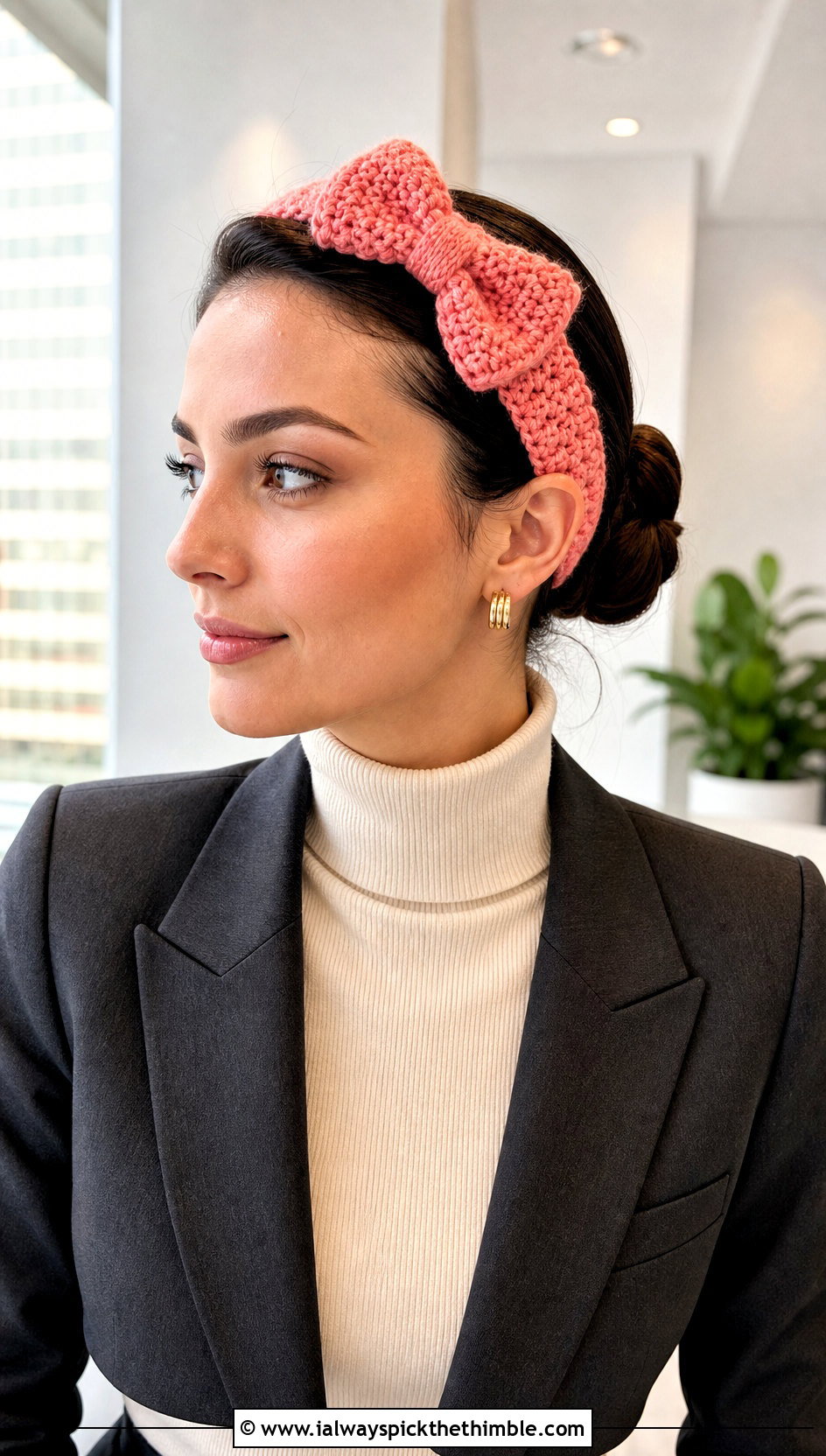 Bow Front Crochet Headband With Wide Leg Trousers - 25 winter crochet headband outfit ideas