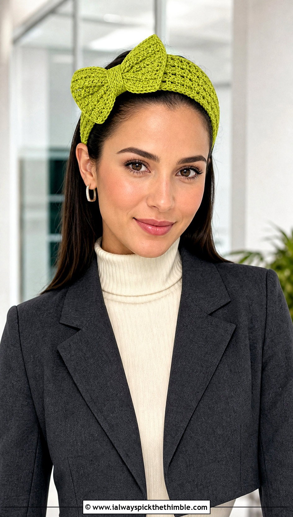 Bow Front Crochet Headband With Wide Leg Trousers - 20 Easy Crochet Winter Headband outfit ideas
