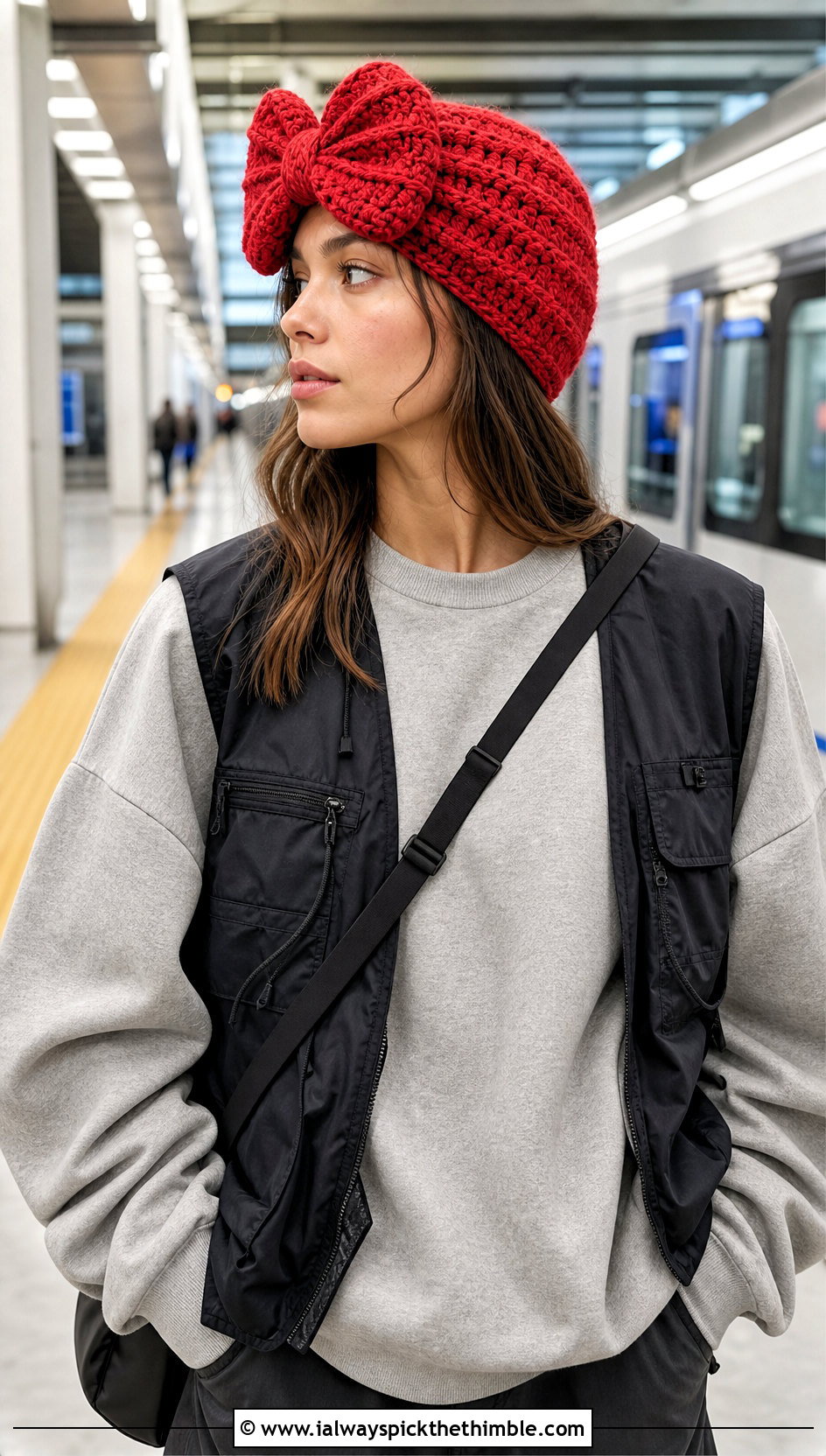Bow Front Crochet Turban Hat With Sweatshirt And Track Pants - 15 crochet turban style hat outfit ideas