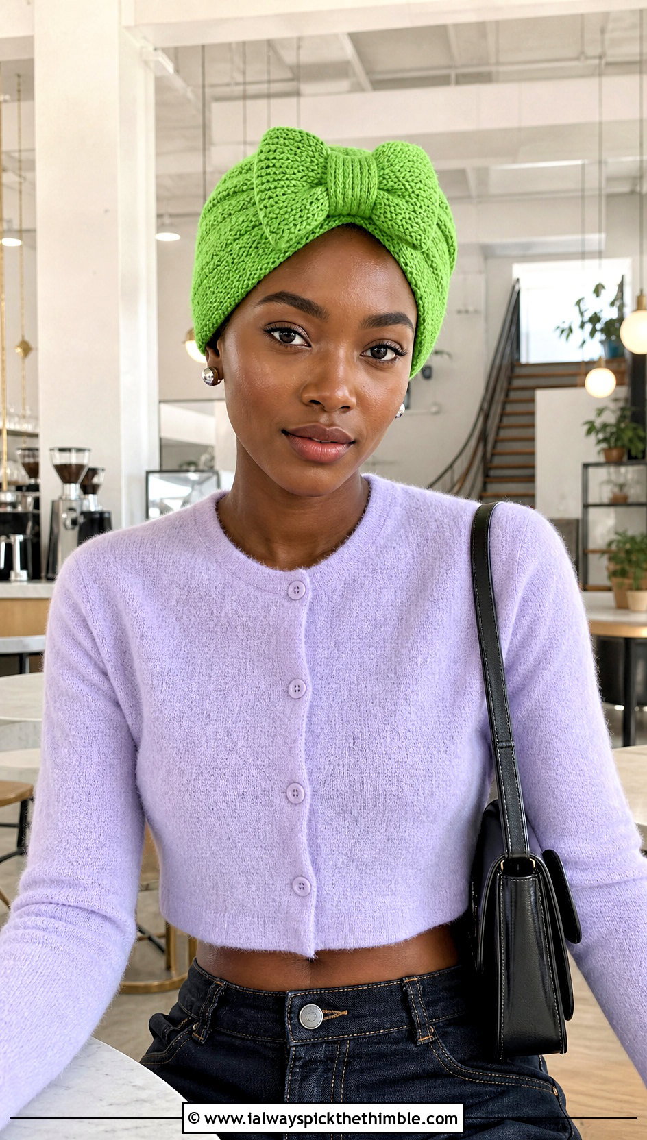 Bow Front Crochet Turban With Cropped Cardigan - 25 crochet turban outfit ideas
