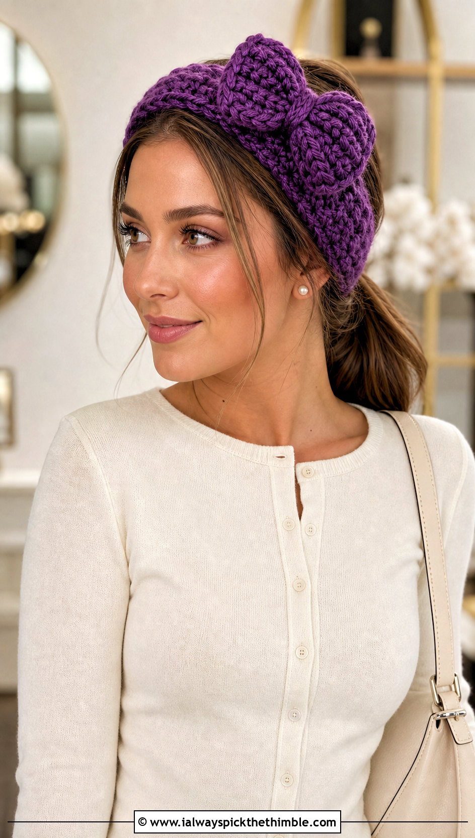 Bow Front Wool Ease Thick And Quick Crochet Headband With Midi Skirt - 15 wool ease thick and quick crochet headband outfit ideas
