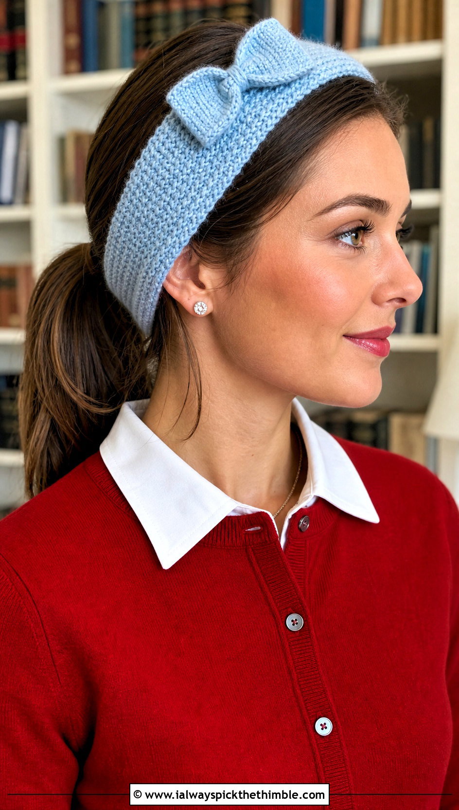 Bow Knit Headband With Cardigan And Pleated Skirt - 15 knit or crochet headbands outfit ideas
